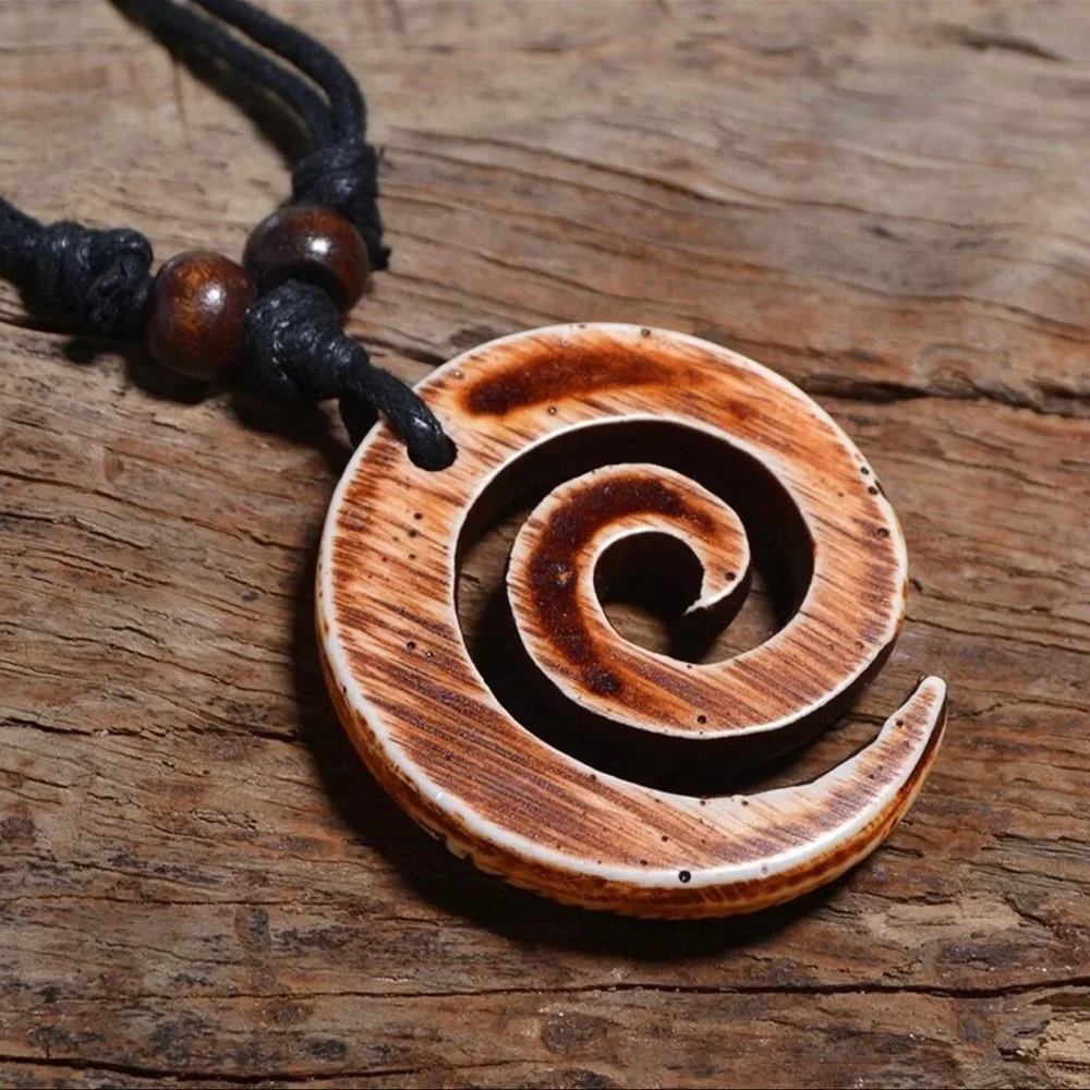 New Handmade Boho Hawaiian Tribal Engraved Spiral Helix Hook Pendant Necklace